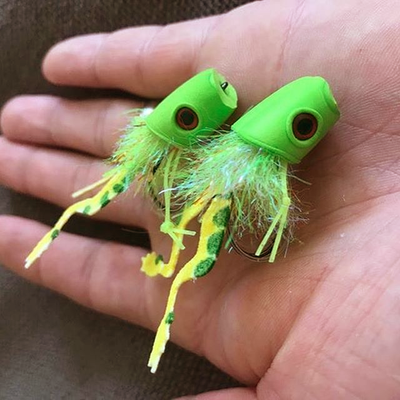 Predator II White Chartreuse Frog Poppers in Hand