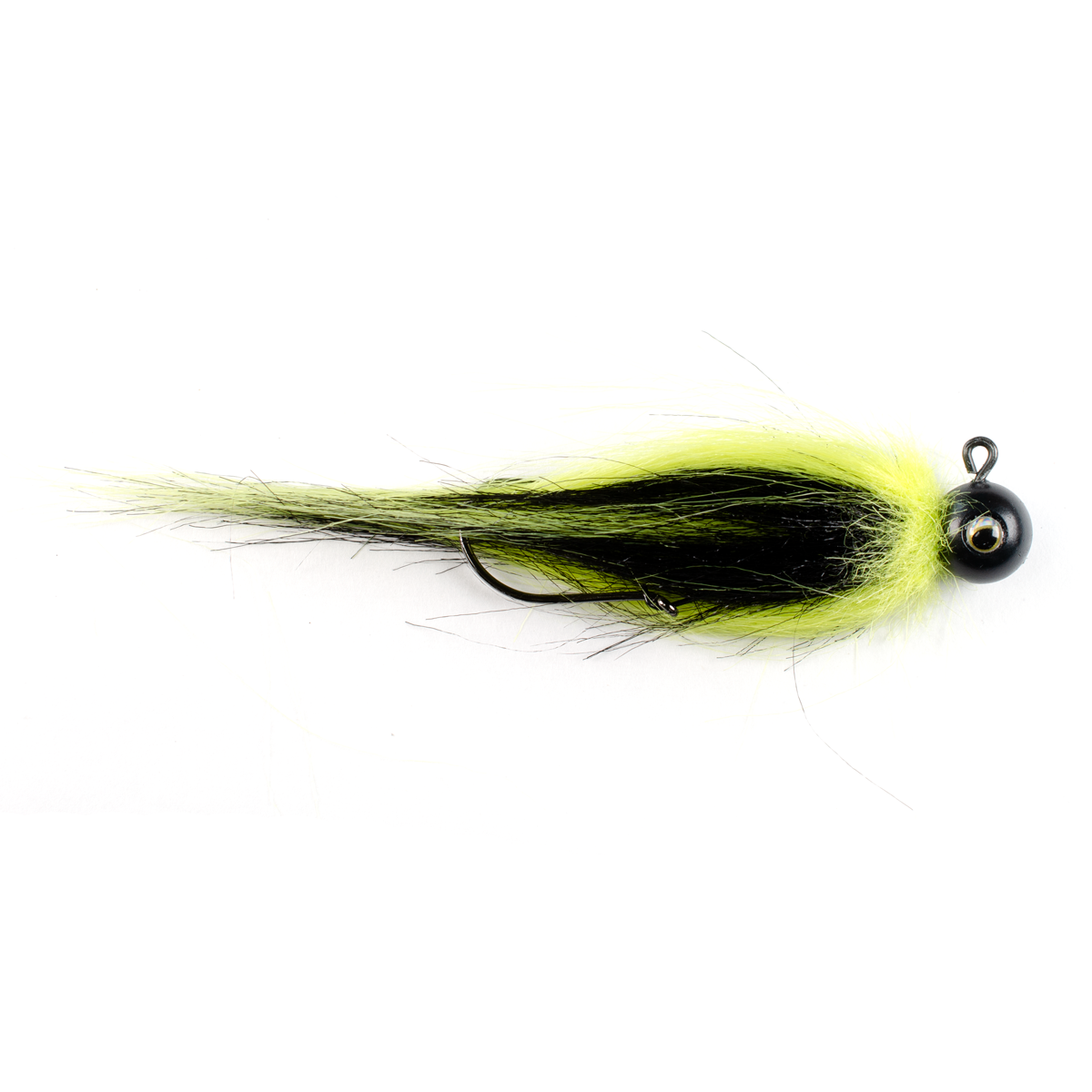 Black quarter ounce jig head with black and chartreuse Fair Flies fly fur for skirting material