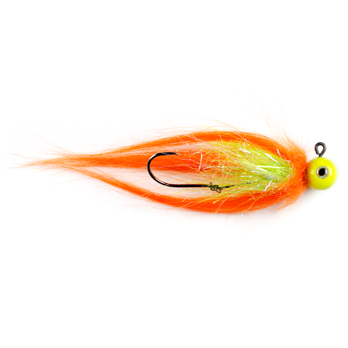 Chartreuse quarter ounce jig head with orange Fair Flies fly fur collar and wings, with chartreuse Fair Flies fly fur and clear flash skirting materials