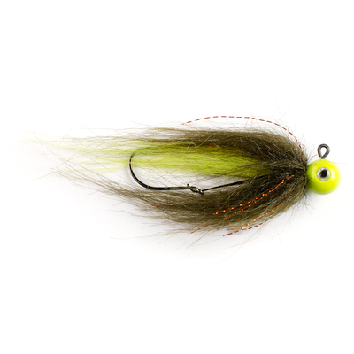 Quarter ounce jig head with olive Fair Flies fly fur and copper flash and chartreuse Fair Flies fly fur for skirting materials
