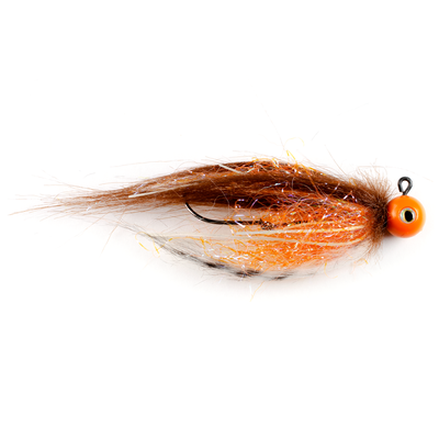 quarter ounce orange jig head with brown Fair Flies fly fur, sparkle orange, and speckled black and white skirting with silicone legs