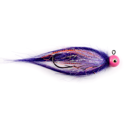 Pink quarter ounce jig head with purple Fair Flies fly fur, lavender flash, and black and orange barred flash and silicone legs