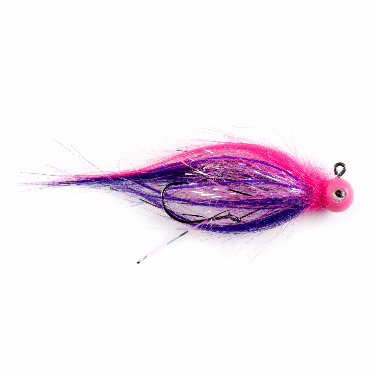 pink quarter ounce jig head with pink Fair Flies fly fur collar and tail, purple Fair Flies fly fur, pink flash, and pink and black barred flash for skirting material 