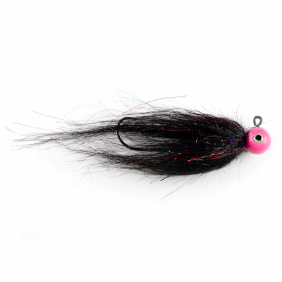 Pink quarter ounce jig head with black Fair Flies fly fur skirting with red and purple sparkle mixed in